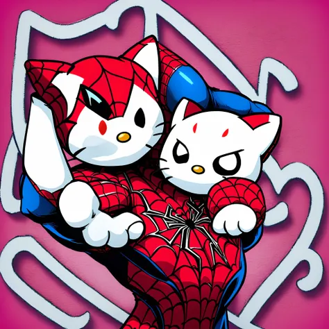 Hello Kitty with spider man holding G+B letters with a heart background