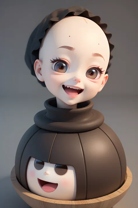 create an animated genderless object with round face, round head, bald big eyes and laughing mouth in 3d