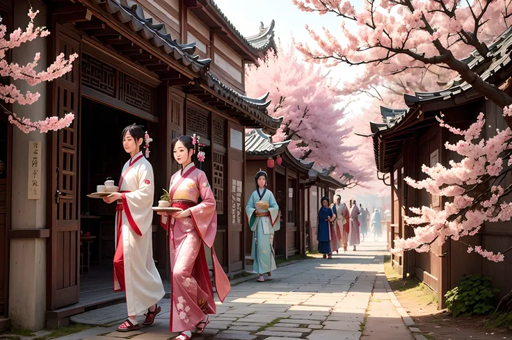 Ancient Chinese town, cherry blossom, close up of people walking wearing Tang dynasty hanfu, natural illuminated by sunlight, bright Spring day, highly detailed.