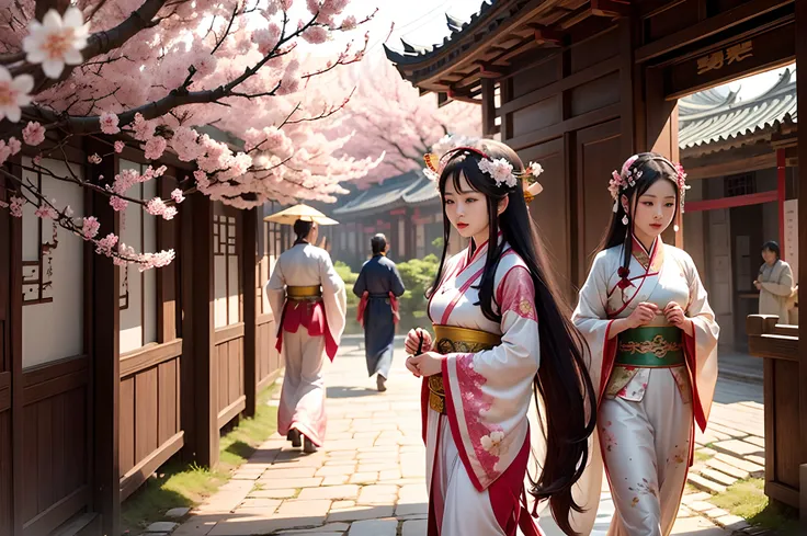 Ancient Chinese town, cherry blossom, close up of people walking wearing Tang dynasty hanfu, natural illuminated by sunlight, bright Spring day, highly detailed.