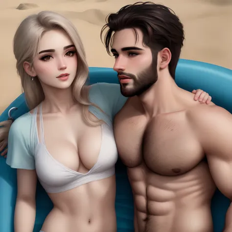 Crie dois homens, com beleza bem atraentes e sexy. Apenas com barba no rosto e o corpo todo liso. Bem malhados em uma praia fazendo sexo