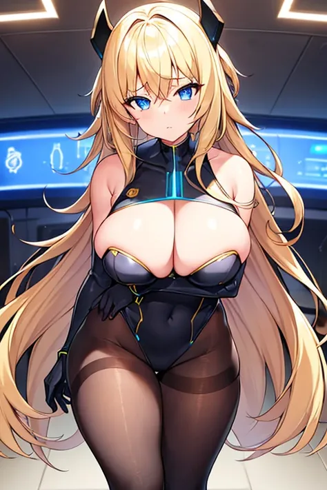 1girl, blonde hair, large breasts, breasts, thick thighs, wide hips, blue eyes, bodysuit, black bodysuit, pantyhose, long hair, serious, science-fiction, tech, futuristic, black pantyhose, thighhighs, neon, machinery, hair ornament, ornament, neon trim, an...