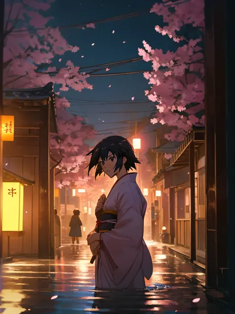 A stunning, vivid view of a realistic Japanese city at night illuminated by a full moons glow and strings of lanterns, cinematic scene, (cinematic:1.5), extremely detailed. Cherry blossom trees in full bloom line the riverbank, petals blowing gently in the...