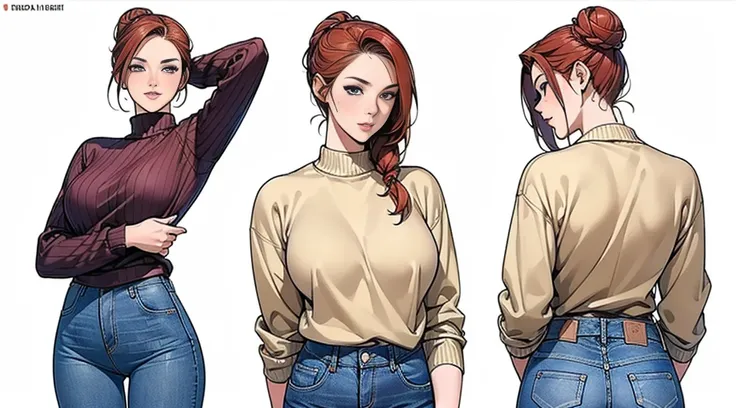 ((Best Quality)), ((Masterpiece)), ((Realistic)) 19 year old, redhead girl, armpit lenght hair, relaxed happy face ((slender)) (busty), (((jeans and pullover))) bun hairstyle, (((detailed character sheet, frontal view, side view, three quarter view))) whit...