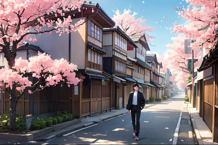 A young man walking, Cherry blossom in a street of a Japanese small touristic city, near to a river, people walking wearing Spring clothing, kids playing,  sunny Spring morning, highly detailed, wide angle, great angular.