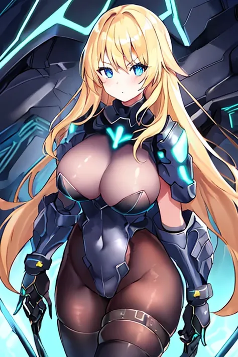 1girl, blonde hair, large breasts, breasts, thick thighs, wide hips, blue eyes, bodysuit, black bodysuit, pantyhose, long hair, serious, science-fiction, tech, futuristic, black pantyhose, thighhighs, neon, machinery, hair ornament, ornament, neon trim, an...