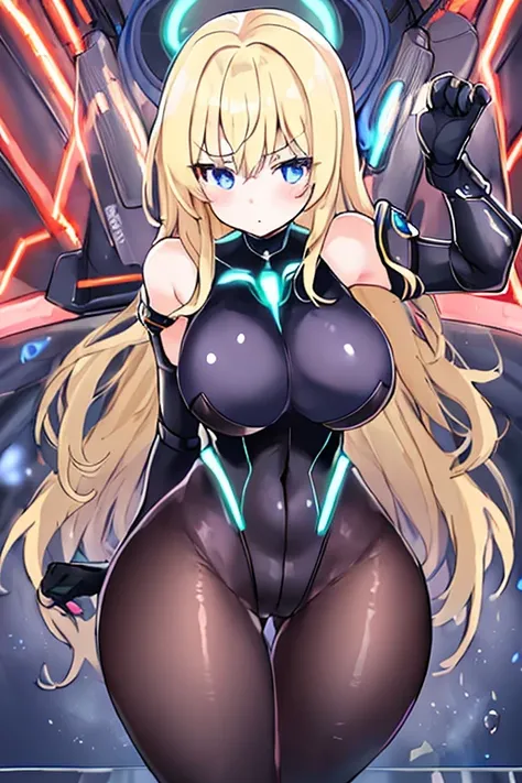 1girl, blonde hair, large breasts, breasts, thick thighs, wide hips, blue eyes, bodysuit, black bodysuit, pantyhose, long hair, serious, science-fiction, tech, futuristic, black pantyhose, thighhighs, neon, machinery, hair ornament, ornament, neon trim, an...