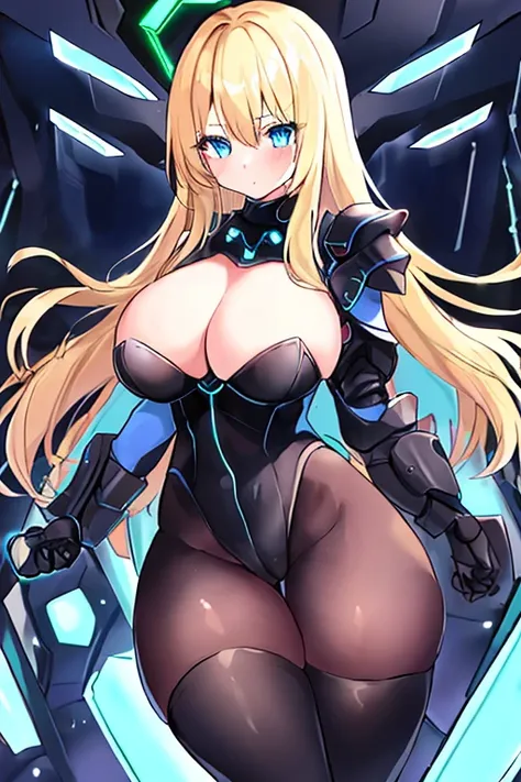 1girl, blonde hair, large breasts, breasts, thick thighs, wide hips, blue eyes, bodysuit, black bodysuit, pantyhose, long hair, serious, science-fiction, tech, futuristic, black pantyhose, thighhighs, neon, machinery, hair ornament, ornament, neon trim, an...