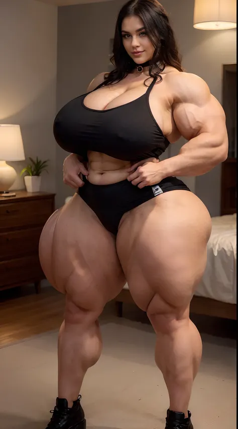 Huge woman, (abs: 2), ((black hair)), shoulder length hair, wavy hair, tight clothes, full body, big biceps, big triceps, big deltoids, big trapezius, big quads, body builder, curved eyelids, curved eyebrows, eyeliner, plump lips, blue eyes, veins, slight ...