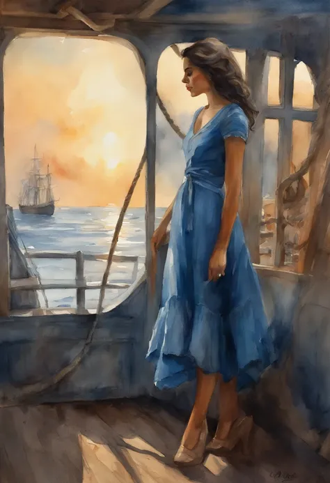 Girl with dark hair in blue dress, Standing on the deck of an old ship, looks into the distance, dawning, Light haze, Brooding atmosphere, sun rising