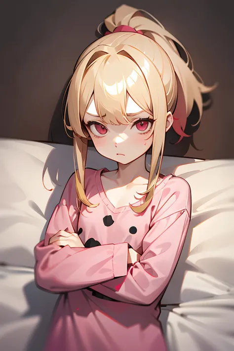 1girl, loli, ponytail, red eyes, black and blonde hair, two tone hair, pink pajamas, flat chest, deadpan face