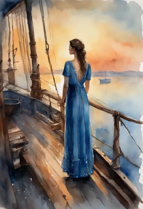 Girl with dark hair in blue dress, Standing on the deck of an old ship, One Ship, looks into the distance, dawning, Light haze, Brooding atmosphere, Sunrise on the sea