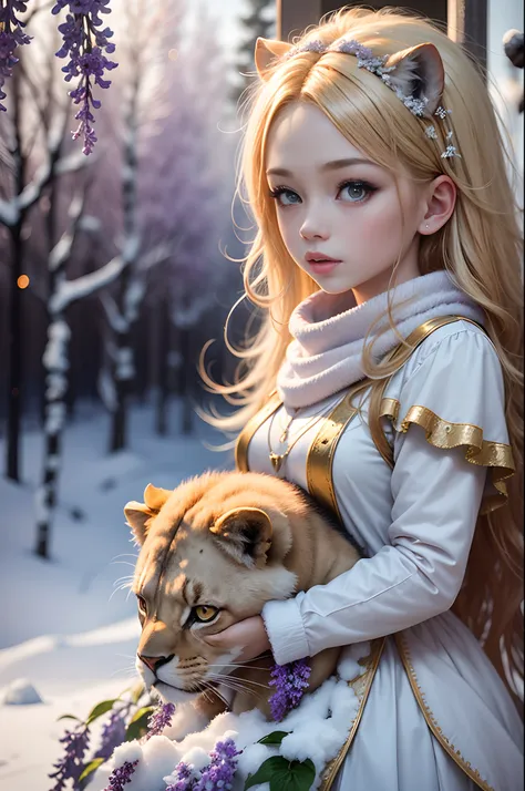 A lion and a blond girl who looks like a fairy, 15 years old. With shining wings. Fairy Tale Theme: Lilacs. White, gold and pink. Fantasy winter wonderland snow scene. A photographic masterpiece. 85mm, f/ 1. 8, shutter speed 1/ 125 sec, ISO 100, shot on Ni...