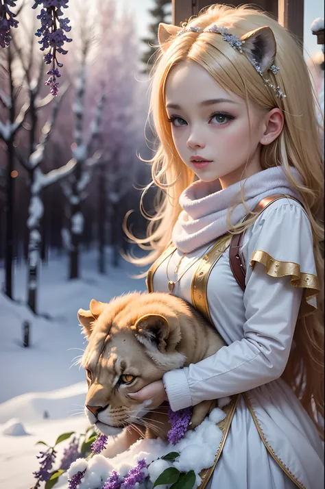 A lion and a blond girl who looks like a fairy, 15 years old. With shining wings. Fairy Tale Theme: Lilacs. White, gold and pink. Fantasy winter wonderland snow scene. A photographic masterpiece. 85mm, f/ 1. 8, shutter speed 1/ 125 sec, ISO 100, shot on Ni...