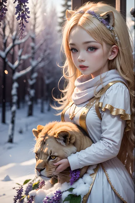 A lion and a blond girl who looks like a fairy, 15 years old. With shining wings. Fairy Tale Theme: Lilacs. White, gold and pink. Fantasy winter wonderland snow scene. A photographic masterpiece. 85mm, f/ 1. 8, shutter speed 1/ 125 sec, ISO 100, shot on Ni...