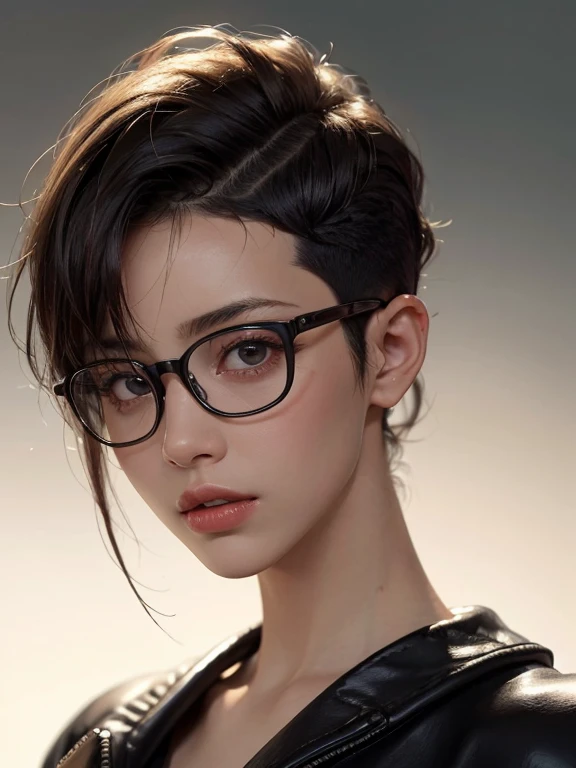 A 38-year-old woman with glasses, Brown-eyed brunette, (hi-top fade:1.5), dark theme, Soothing tones, Muted colors, High contrast, (natural skin textures, hyper realisitc, soft light, Sharp)