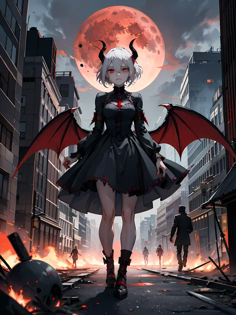 (view the viewer:1.2), Mist, Misty atmosphere, (Perfect eyes),
1girll, White hair, (Red eyes), standing, Hands covered in blood, Gothic dress, (Expressionless:1.2), (disdain:1.3), (Demon wings:1.2),
City, Fire, Burning City, city on fire, chaos, disrupt, e...