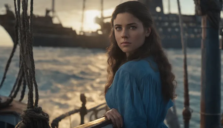 Girl with dark hair in blue dress, Standing on the deck of an old ship, One Ship, looks into the distance, dawning, Light haze, Brooding atmosphere, Sunrise on the sea