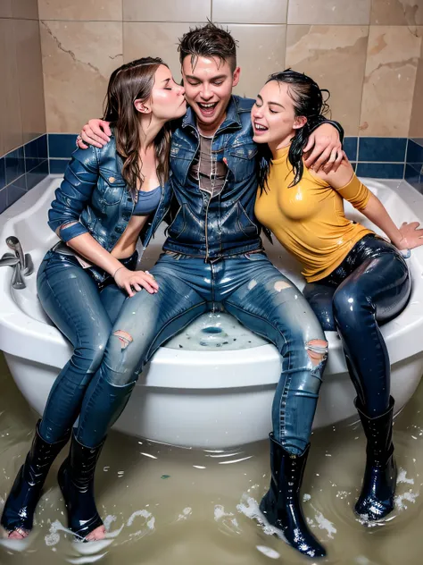 man and two woman bathing in skinny jeans and denim jackets and combat boots, ((reclining)), ((kissing)), ((navy blue skinny jea...