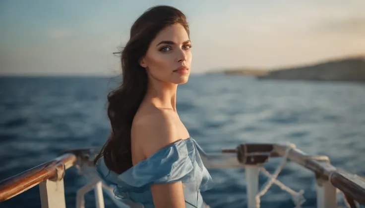 Girl with dark hair in blue dress, Standing on the deck of an old ship, One Ship, looks into the distance, dawning, Light haze, Brooding atmosphere, Sunrise on the sea