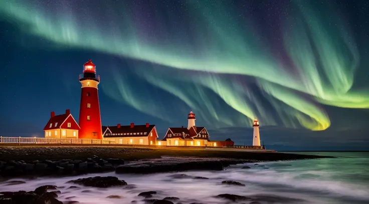 An old red and white lighthouse on a beach at night, coast of Norway, very dark moonless sky, a beautiful northern lights with vibrant colors, 4k, highly detailed, richly detailed lighthouse, intricate details