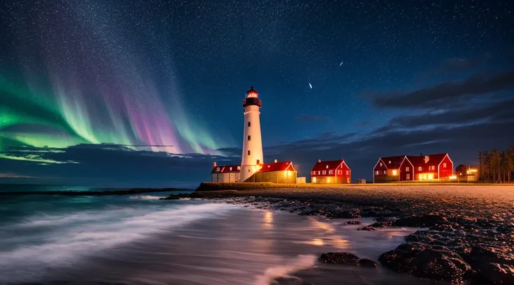 An old red and white lighthouse on a beach at night, coast of Norway, very dark moonless sky, a beautiful northern lights with vibrant colors, 4k, highly detailed, richly detailed lighthouse, intricate details