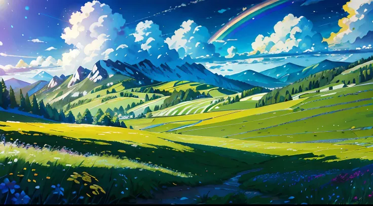 (From below, Upper air, open fields below), Blue sky, white clouds, Sun, Sunlight, fields, mountainscape, Trees, butterfly, meadows, Flowers, Wind, Sunshine, (dynamic compositions: 1.4), rich detail, Rich in color, (Rainbow colors: 1.2), (Luminous, Atmosph...