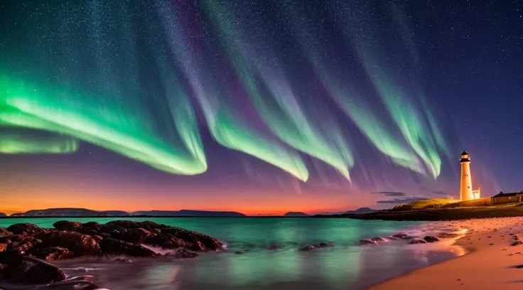 A single old red and white lighthouse on a deserted beach at night, coast of Norway, very dark moonless sky, a beautiful northern lights with vibrant colors, 4k, highly detailed, richly detailed lighthouse, intricate details