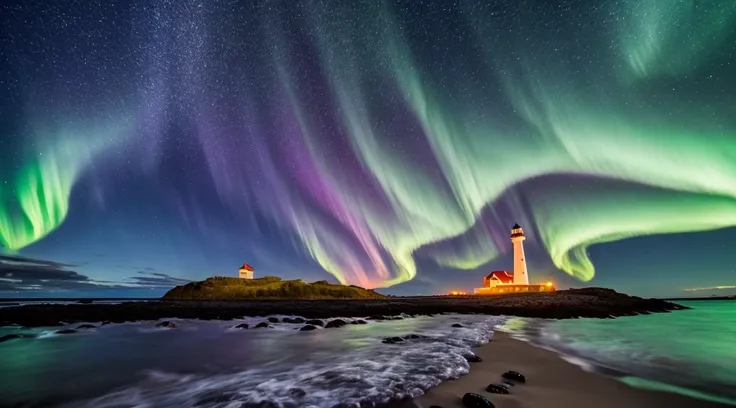 A single old red and white lighthouse on a deserted beach at night, coast of Norway, very dark moonless sky, a beautiful northern lights with vibrant colors, 4k, highly detailed, richly detailed lighthouse, intricate details