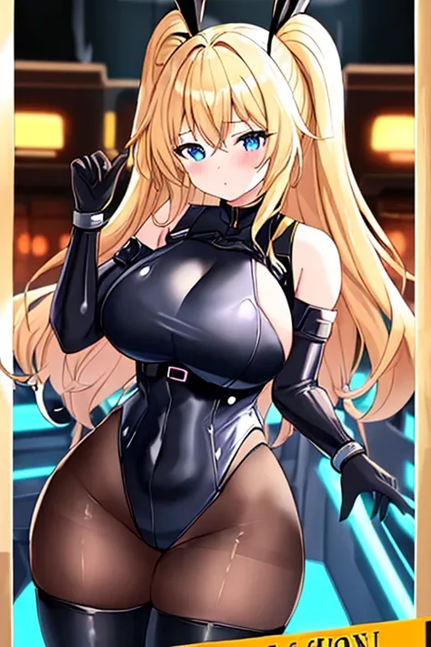 1girl, blonde hair, large breasts, breasts, thick thighs, wide hips, blue eyes, bodysuit, black bodysuit, pantyhose, long hair, serious, science-fiction, tech, futuristic, black pantyhose, thighhighs, neon, machinery, hair ornament, ornament, neon trim, an...