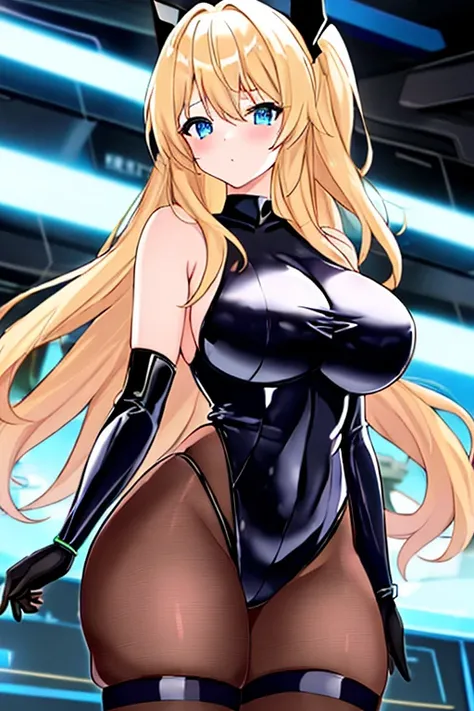 1girl, blonde hair, large breasts, breasts, thick thighs, wide hips, blue eyes, bodysuit, black bodysuit, pantyhose, long hair, serious, science-fiction, tech, futuristic, black pantyhose, thighhighs, neon, machinery, hair ornament, ornament, neon trim, an...