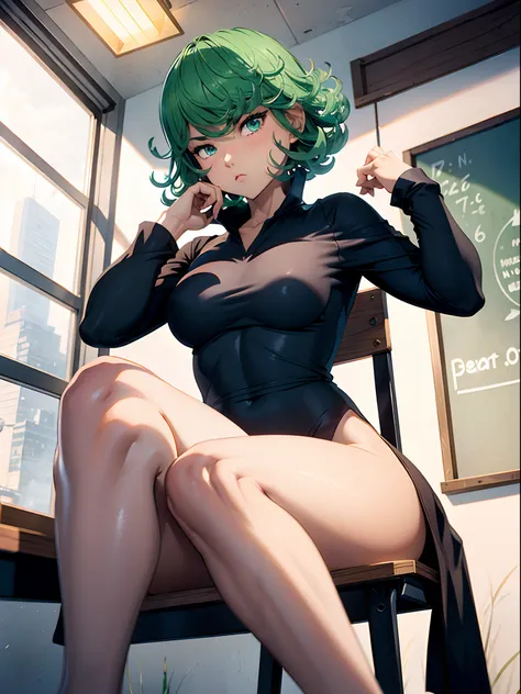 1girl, short green hair, ((black dress, sitting, crossed legs, legs focus, tsundere, thighs, in a chair, classroom, view from below)), curvy figure, overlooking city, blush, day 

BREAK 

(((Masterpiece))), ((Highly detailed character)), ((perfect eyes)), ...