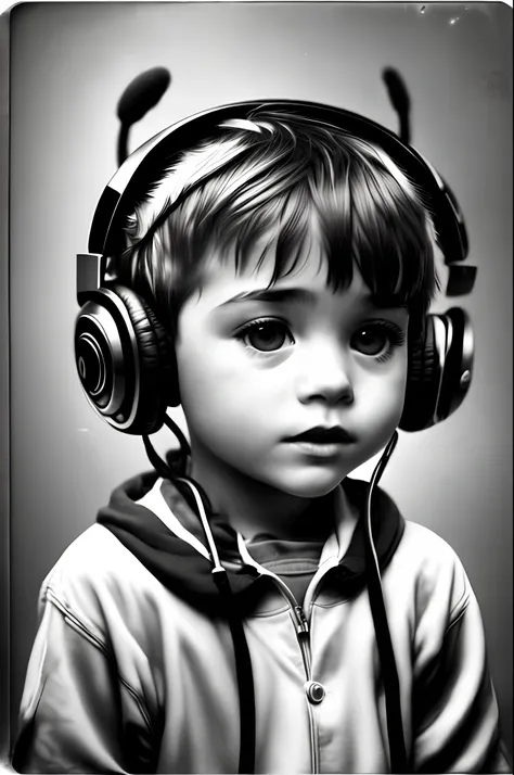 Vintage photo of a small boy wearing headphones, lit from left