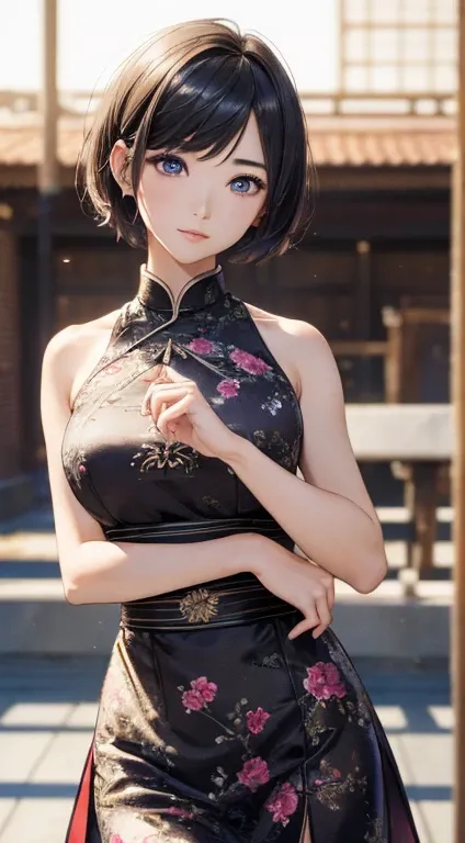 1girl in, (((Short Hair Hair,))), Qipao dress,(tmasterpiece, topquality, Near and Far Law, Depth of field:1.5), beatiful face, 8K, raw photograph, HDR, photorealestic, film grains, chromatic aberration, hight resolution, ultra-detailliert, finely detail, d...