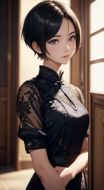 1girl in, (((Short Hair Hair,))), Qipao dress,(tmasterpiece, topquality, Near and Far Law, Depth of field:1.5), beatiful face, 8K, raw photograph, HDR, photorealestic, film grains, chromatic aberration, hight resolution, ultra-detailliert, finely detail, d...