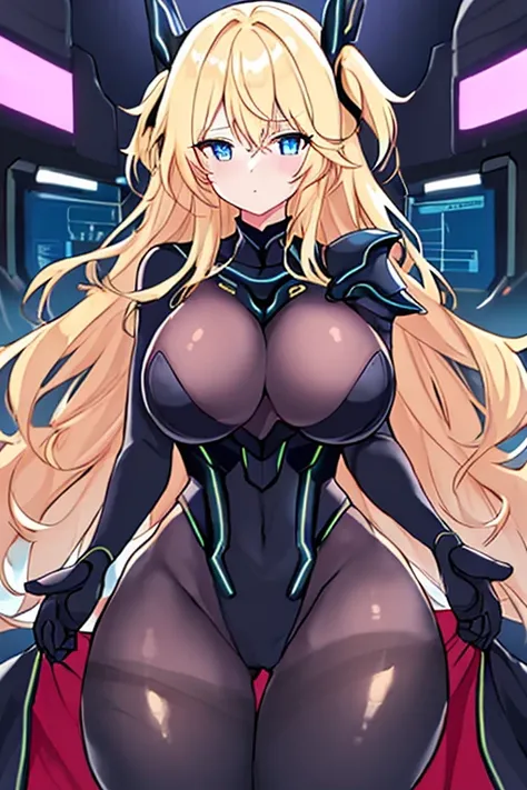 1girl, blonde hair, large breasts, breasts, thick thighs, wide hips, blue eyes, bodysuit, black bodysuit, pantyhose, long hair, serious, science-fiction, tech, futuristic, black pantyhose, thighhighs, neon, machinery, hair ornament, ornament, neon trim, an...