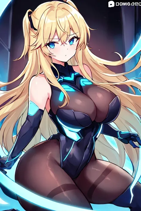 1girl, blonde hair, large breasts, breasts, thick thighs, wide hips, blue eyes, bodysuit, black bodysuit, pantyhose, long hair, serious, science-fiction, tech, futuristic, black pantyhose, thighhighs, neon, machinery, hair ornament, ornament, neon trim, an...