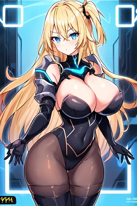 1girl, blonde hair, large breasts, breasts, thick thighs, wide hips, blue eyes, bodysuit, black bodysuit, pantyhose, long hair, serious, science-fiction, tech, futuristic, black pantyhose, thighhighs, neon, machinery, hair ornament, ornament, neon trim, an...