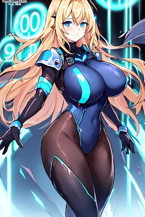 1girl, blonde hair, large breasts, breasts, thick thighs, wide hips, blue eyes, bodysuit, black bodysuit, pantyhose, long hair, serious, science-fiction, tech, futuristic, black pantyhose, thighhighs, neon, machinery, hair ornament, ornament, neon trim, an...