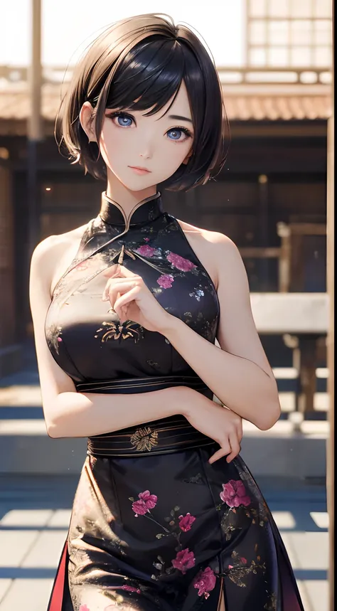 1girl in, (((Short Hair Hair,))), Qipao dress,(tmasterpiece, topquality, Near and Far Law, Depth of field:1.5), beatiful face, 8K, raw photograph, HDR, photorealestic, film grains, chromatic aberration, hight resolution, ultra-detailliert, finely detail, d...