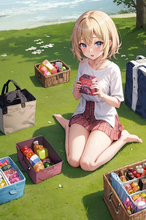 a 1girl, naked body, Picnic in nature, Kneeling on a checkered blanket with a box of food, anime visual of a cute girl, loli, anime stylized, full - body