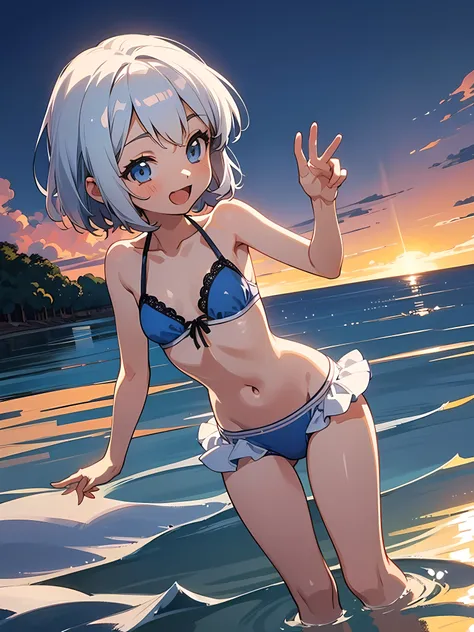 (Cute loli:1.5), (:1.8), Short hair, Single girl, Side tail, Silver hair, Blue eyes, Blue eyes, Smile, :D, Sea, Bikini, Sunset, Backlight, Fantastic, Gravure pose, Anime filling