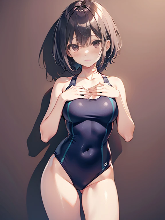 topquality、Full limbs、complete fingers、Slender Beauty、straight hair、Take short hair、knee-high ,  school swimsuit、Big shiny eyes、grab your breasts with both hands, Yuki Nagato