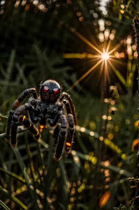 documentary photo of a drahthaar spider, looking at viewer, lens flare, 8k. bright sun summer day, sharp shadows. hi res