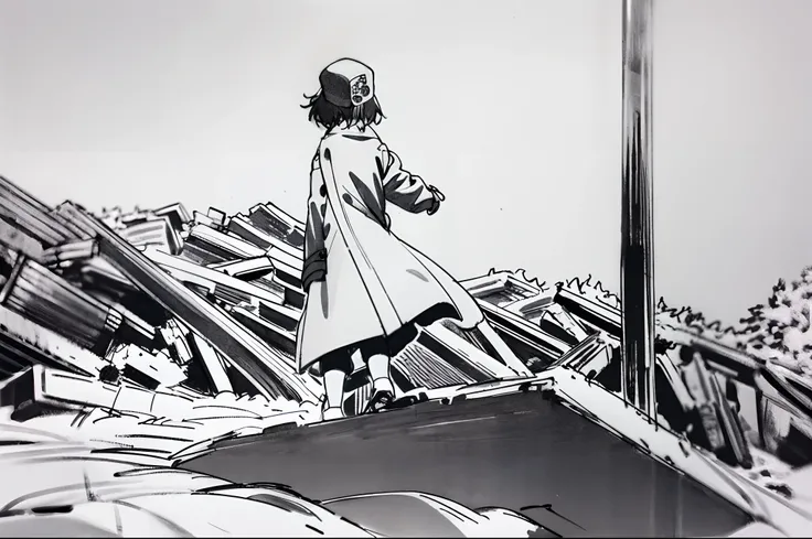 Mirai Kuriyama wearing a coat and a cap standing on a hill, from behind, ((empty background)), winter, VHS, vintage, red glasses, manga style, white background, ((monochrome)), far away shot, (sketch), long sleeves, 1girl, casual clothes, full body