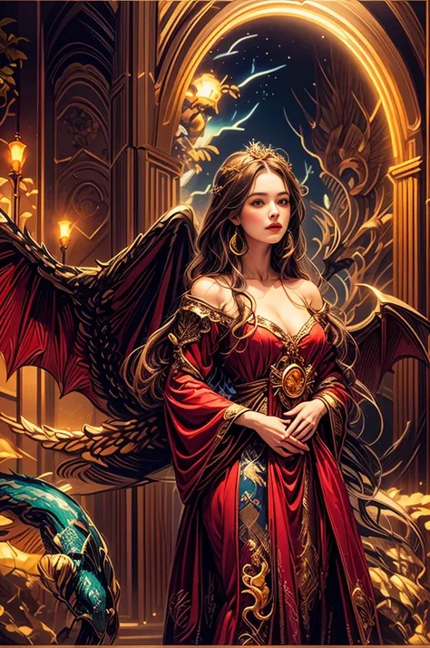 A portrait of a woman in high definition, with dragon, em 8K de um mulher anjo de 18 anos, ((  angel with several majestic wings,)), Deus do Mar, Deus do Oceano, Luthien, arte de deus, Deus da mitologia grega, Deus da Lua, Deus do amor e da paz, deus bonit...