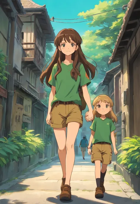 a girl with long brown hair and brown eyes wearing an oversized green short sleeve shirt and tan cargo pants holding hands with boy thats wearing a black beanie black shirt and black skinny jeans with long blond hair and bright blue eyes