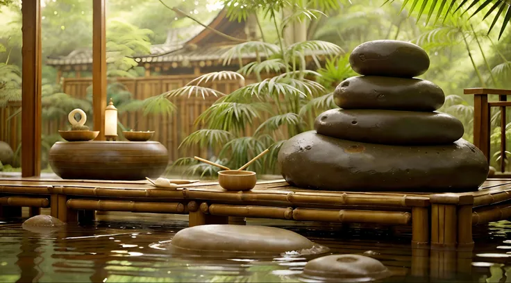 bamboo sticks with water gushing out of them and a bamboo spoon, flutuando em um poderoso estado Era, fundo natural Era, sentimento Era, Fundo do templo Era, It was meditation, health spa and meditation center, Jardim Zen, atmosfera Era, ambiente sereno, Z...