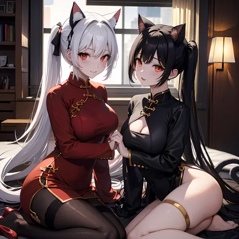 Masterpiece, High definition, Top quality, NSFW, diner, Night, 2 girls, (Cheongsam, , Cat ears, Red eyes, Black hair, pony tails), (Cheongsam, , Cat ears, Yellow eyes, White hair, double tails)