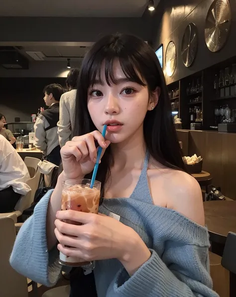 Woman in a blue sweater drinking a drink in a restaurant, Ulzzang, menina coreana, linda mulher coreana jovem, Jinyoung Canela, Mulher sul-coreana bonita, Jaeyeon Nam, mulher coreana jovem bonita, menina atraente, Bae Suzy, Lalisa Manobal, 19-year-old girl...